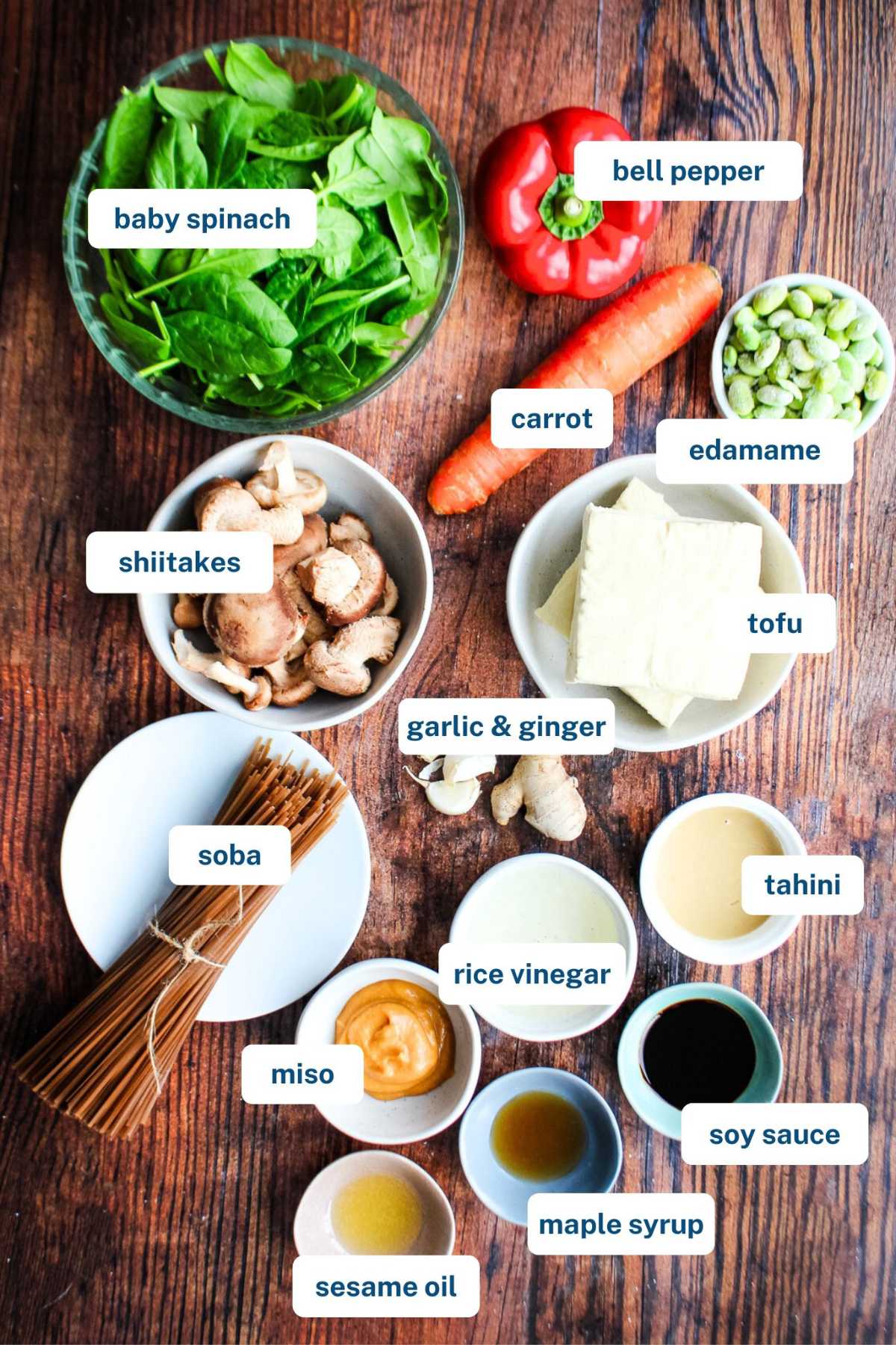 Ingredients to make miso tahini soba noodles on the table before mixing.