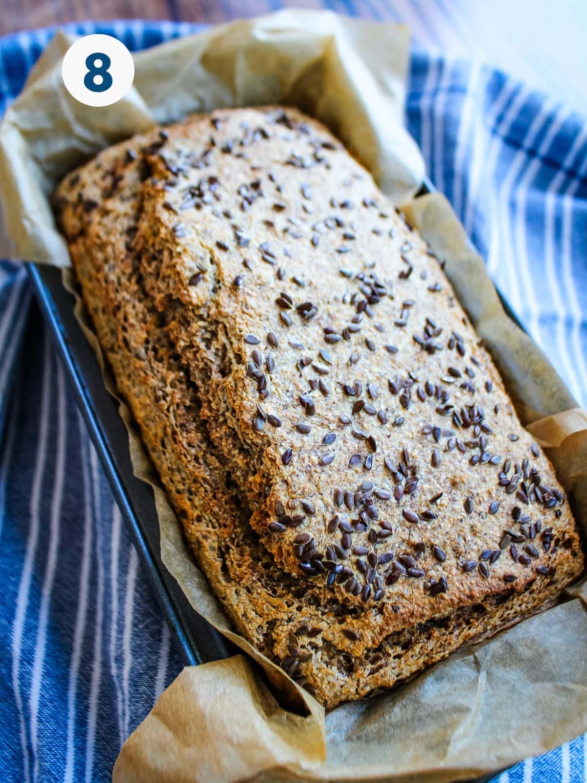 Buckwheat bread topped with flax seeds after baking.