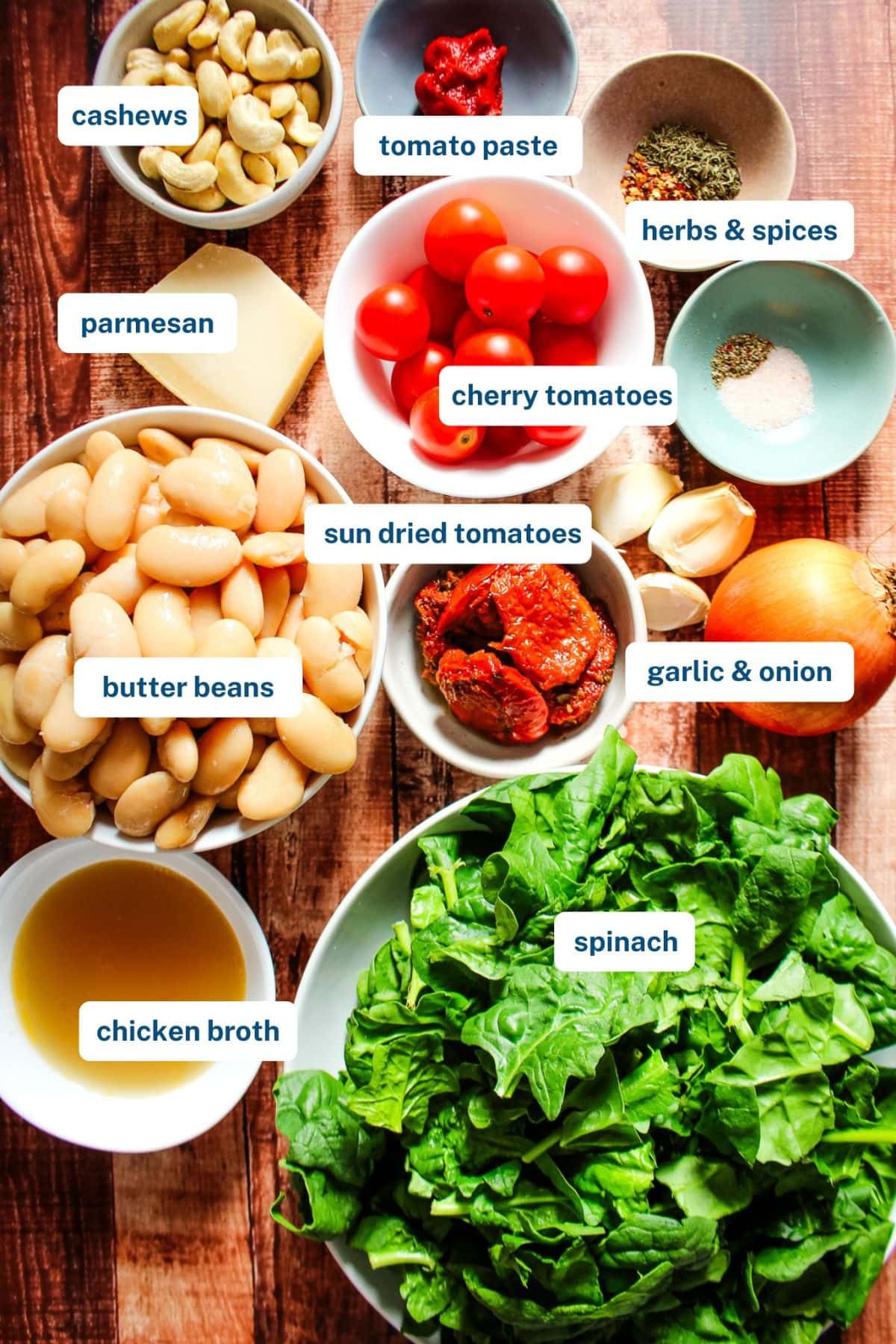 Ingredients to make marry me white beans on the table before preparing with text labels.