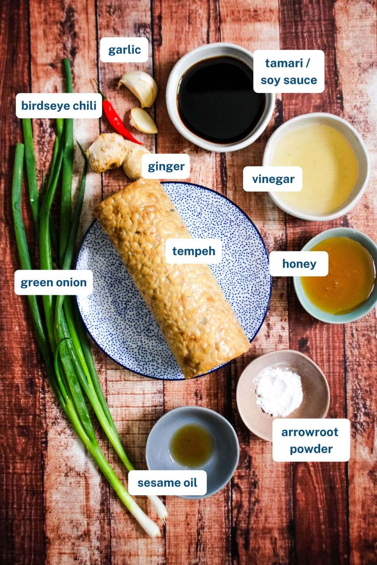 Ingredients to make teriyaki tempeh on the table before preparing.