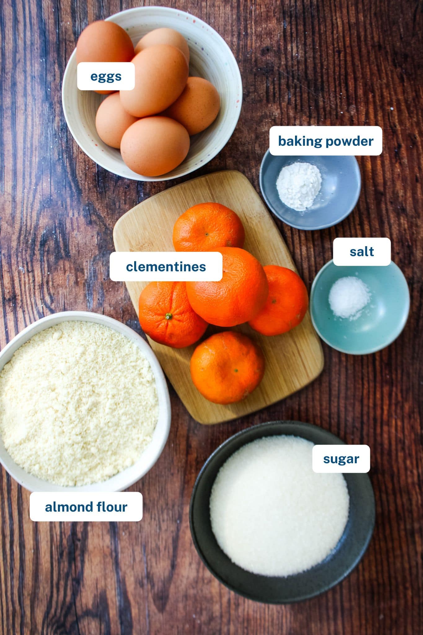 Ingredients to make a clementine cake on the table with text labels.